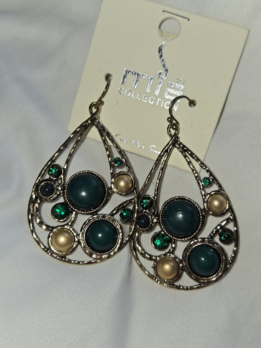 Mia Collection Teardrop Earrings with Green Stones and Pearl Accents